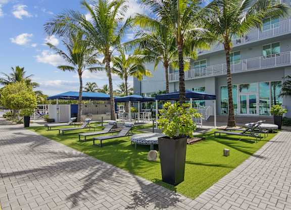 A sundeck area with loungers, shaded seating areas, and lush palm trees at Blue Lagoon 7 Apartments in Miami, FL
