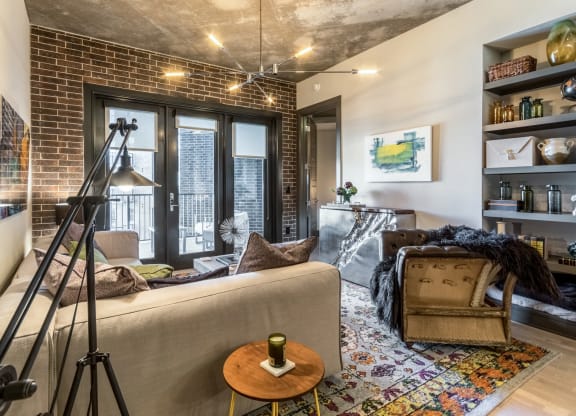 Vintage-inspired colorful interior decoration of apartment unit at The Case Building in Dallas, TX