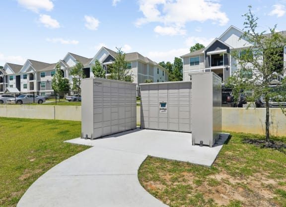 Amazon hub lockers by the apartment buildings for package receiving at Capital Grand Apartments in Tallahassee, FL
