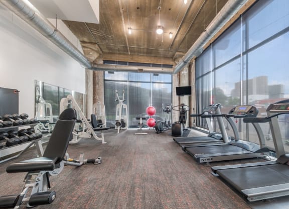 Fitness Center with cadio machines at Adam Hats Lofts in Deep Ellum, Dallas, Texas, TX