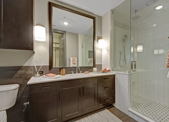 Walk-in Showers with built-in bench and glass enclosure, rainfall, handheld and standard showerheads at The Case Building, Dallas, TX