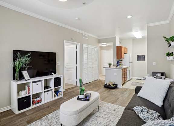 Windsor living room with a grey couch and a white coffee table at Encore at Buckingham Apartments in Richardson, TX
