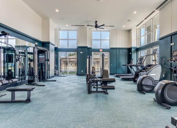 Wide shot of the gym at Era Apartments in Denton, TX