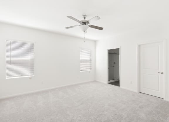 a bedroom with two windows and carpet floor