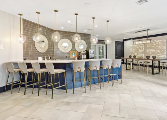 Clubhouse kitchen area with Starbucks coffee at Harlow River Oaks in Houston, TX
