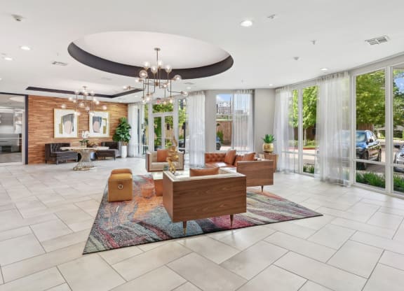 Lobby area and a large chandelier at Harlow River Oaks in Houston, TX