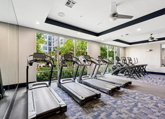 Well-equipped fitness studio with treadmills at Harlow River Oaks apartments in Houston, TX