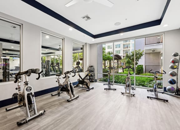 Dedicated spin cycle studio with top-of-the-line bikes at Harlow River Oaks apartments in Houston, TX