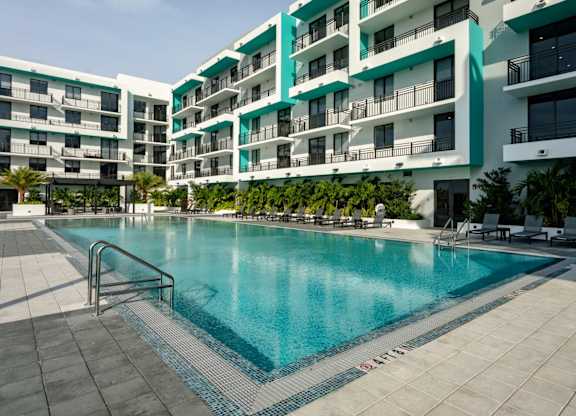 Apartment balconies facing the pool at Hollywood Heights on the Boulevard