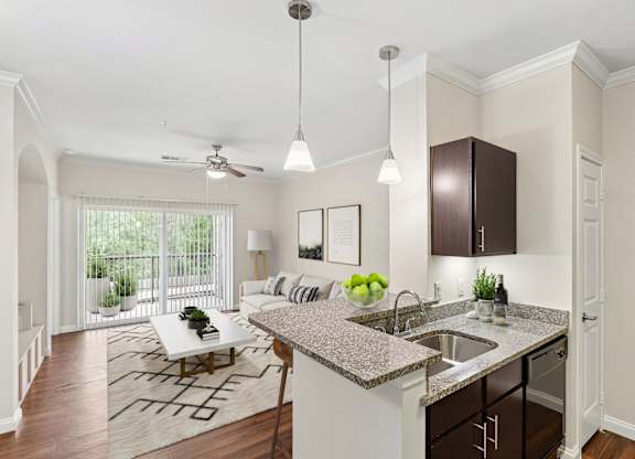 Overlook virtually staged living room at Hilltops in Conroe, TX