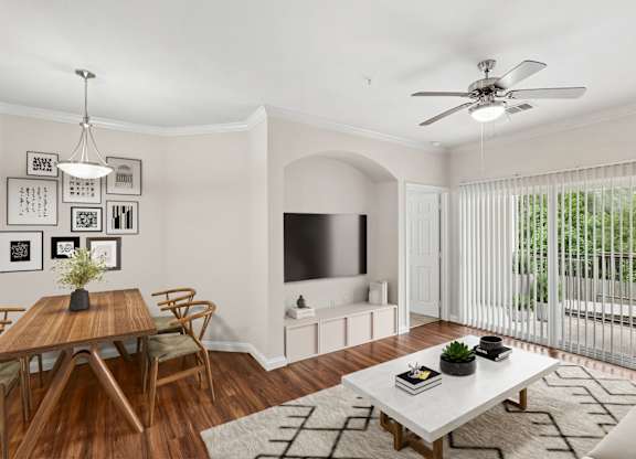 Overlook virtually staged living room at Hilltops in Conroe, TX