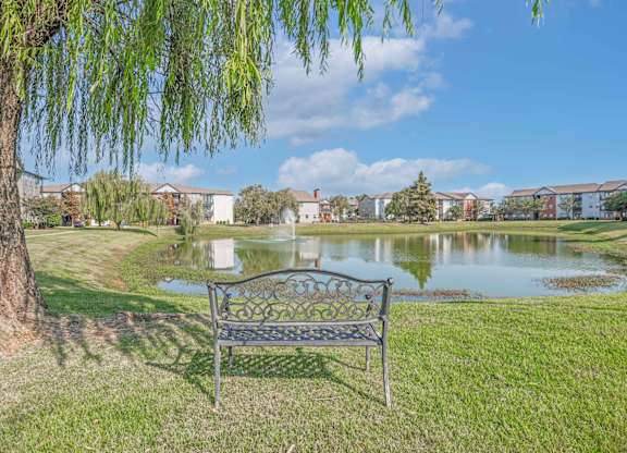 Bench next to our community pond at Ultris Island Park in Shreveport, LA