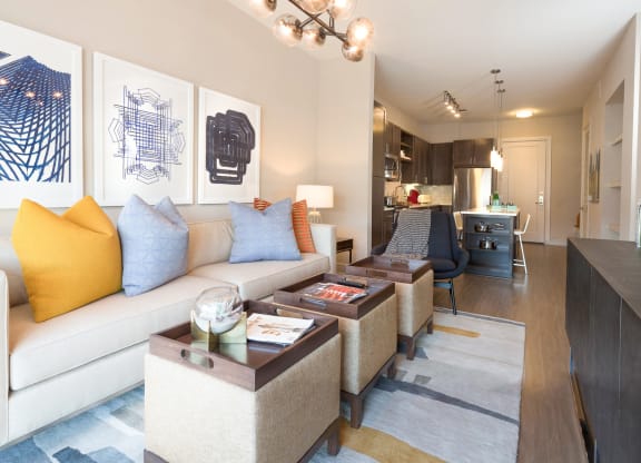 model living room with modern furnitures at Knox Heights in Dallas, TX
