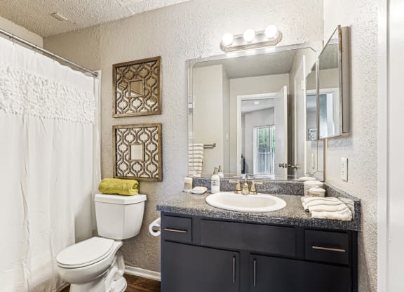 Modern bathroom with sleek fixtures at Laurels of Sendera apartments in Arlington, TX