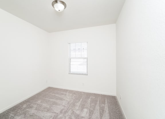 a bedroom with carpet floor, white walls and a window