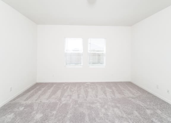 bright bedroom with a carpeted floor and two windows