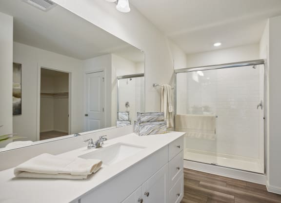Maple model master bathroom with a large mirror and a shower at Beacon at Ashley River Landing in Summerville, SC