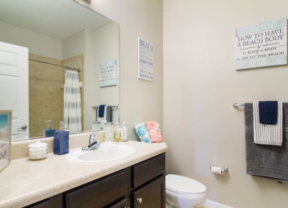 a bathroom with a sink toilet and mirror