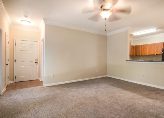 Well-lit living room with plush carpet flooring at Angel Landing apartments in Pensacola, FL