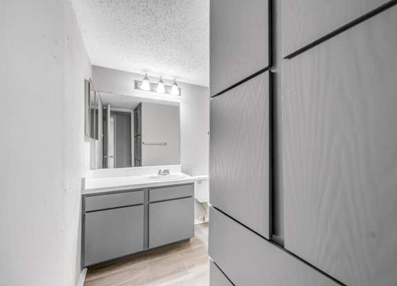 A bathroom with a sink and a mirror.