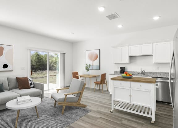 living room with white cabinets and grey couch
