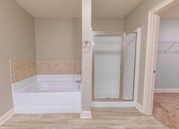 Bathroom with Stand-Alone Shower at Parkside Grand Apartments in Pensacola, FL
