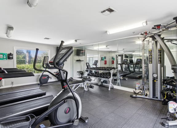 Fitness center with cardio machines like an elliptical at Oakley Run apartments in Smyrna, GA
