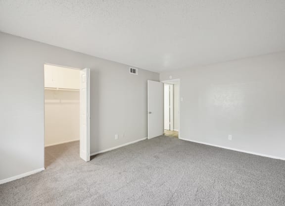 a bedroom with a carpeted floor and an open door to a closet