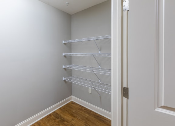 an empty closet in a home with white walls and a wood floor