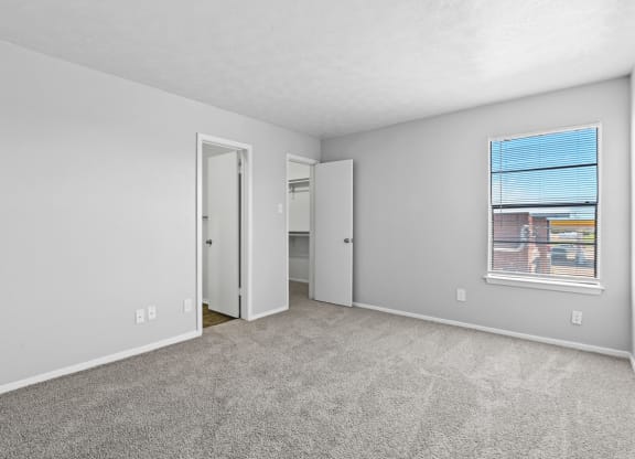 a bedroom with a large window and carpeted flooring