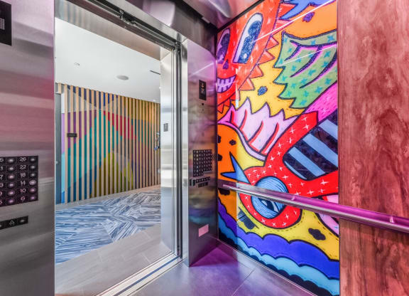 Elevator Murals at The Hamilton at The Epic in Deep Ellum, Dallas, Texas, TX