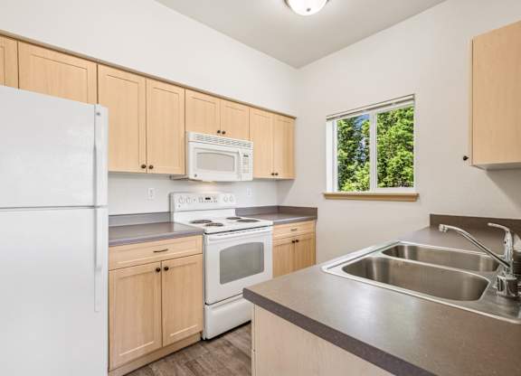 A kitchen with white appliances and a stainless steel sink at The Madison Apartments in Olympia, WA