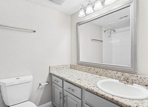 B1 a white toilet sits next to a sink in a bathroom at Vine Apartments in Arlington, TX