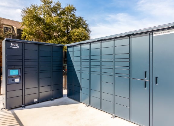 Amazon Hub package lockers at Walnut Creek Crossing Apartments, in Austin, Texas