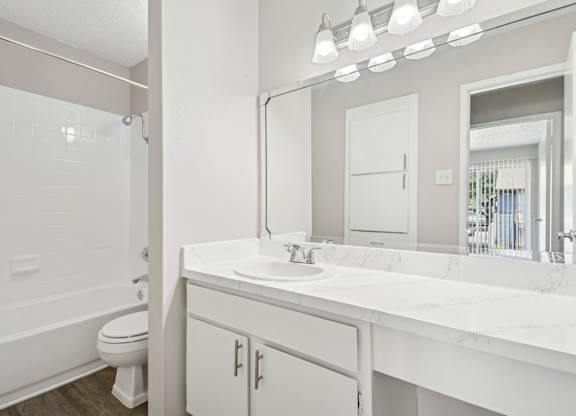A5 bathroom with a toilet, sink, and mirror at Windridge on the Parkway apartments in Dallas, TX