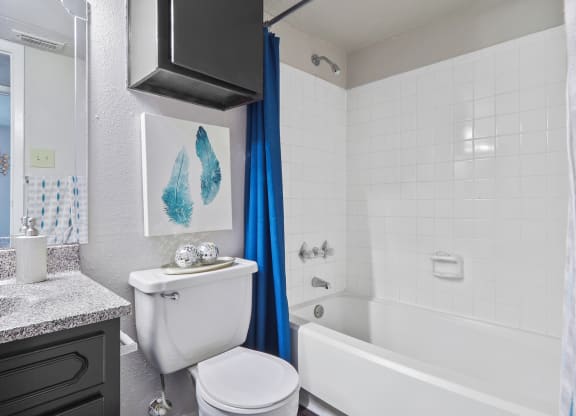 a bathroom with a white toilet next to a white bathtub