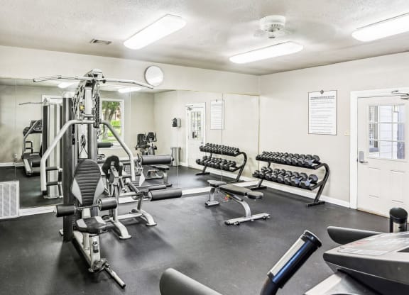 Fitness center with cardio machines and weights at Hunters Chase in Austin, TX