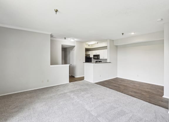 B1 floor plan living room and kitchen at Jefferson Creek Apartments in Irving, TX.