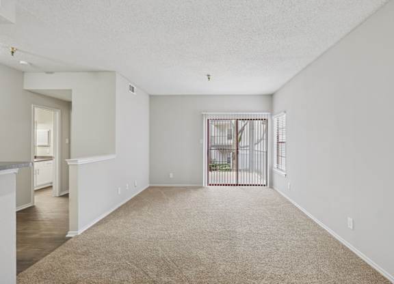 B1 living room with plush carpet and sliding door leading to private balcony at Jefferson Place apartments in Irving, TX
