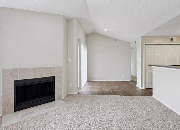 B2 carpeted living room with white walls and a fireplace at Jefferson Place Apartments in Irving, TX