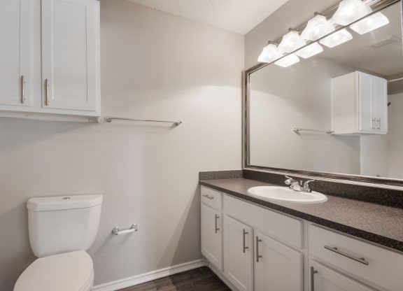 a bathroom with a toilet sink and mirror