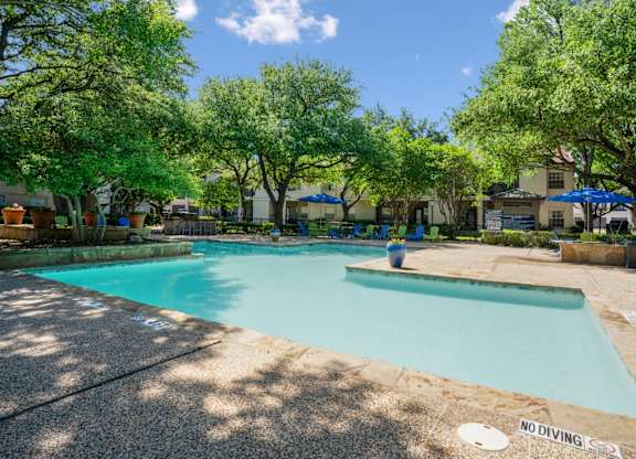 A pool surrounded by trees and poolside seating at La Costa in Plano, TX