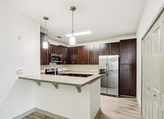 Royal Palm kitchen with dark wood cabinets and a bar counter at Oakleaf Plantation Apartments in Jacksonville, FL