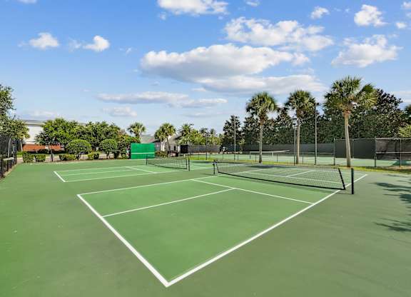 A tennis court surrounded by trees and a fence at Wynnfield Lakes Apartments in Jacksonville, FL