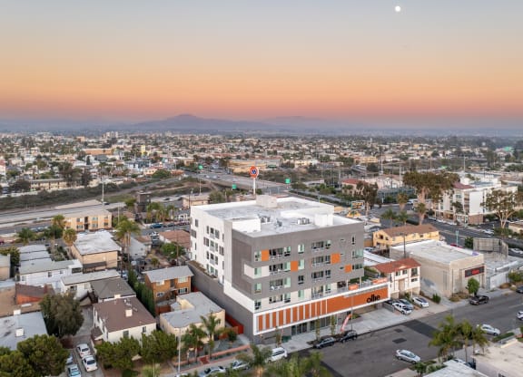 an aerial view of a building in the city