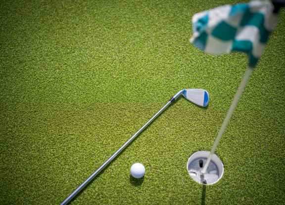 A golf ball is on the ground near a hole with a flag and a club.