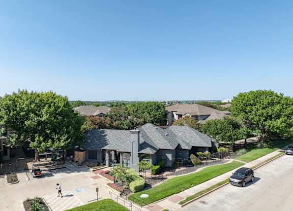 Aerial view of residential neighborhood with homes at Radius at the Domain Apartments, Austin, TX