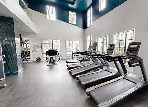 A gym with treadmills and a television mounted on the wall.