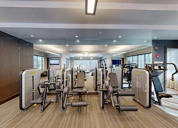 A gym with a variety of equipment including treadmills, stationary bikes, and weight machines.