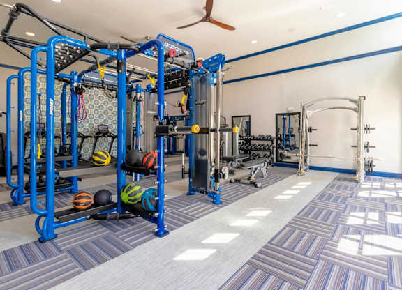 A gym with blue and white equipment.